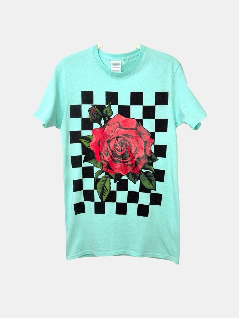 90s Red Rose Checkerboard Rubberized Graphic Tee S Teal Cyber Y2K Indie Sleaze - Picture 4 of 7